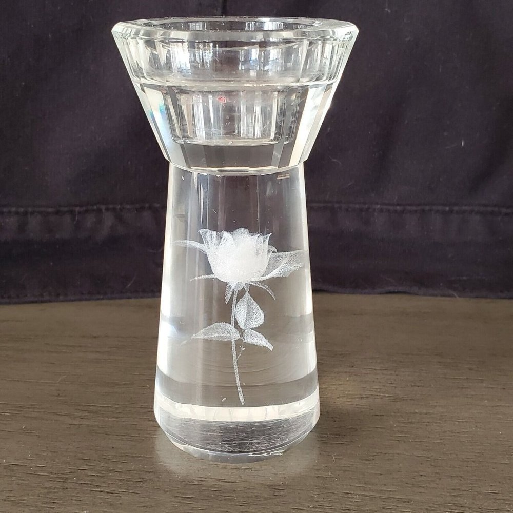 Crystal 3-D Laser Etched Rose in Round Candlestick Holder w/ faceted flares rim